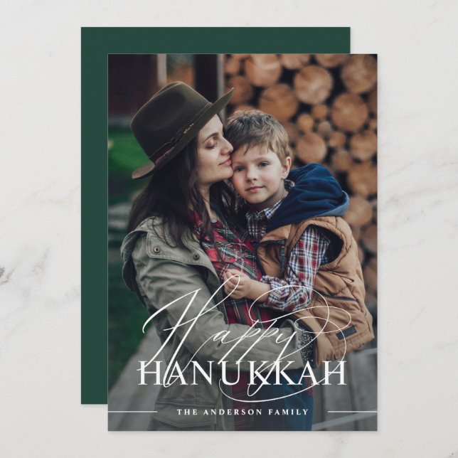 Cartão De Festividades Feliz Hanukkah | Foto de Letra Elegante Verde Escu (Frente/Verso)