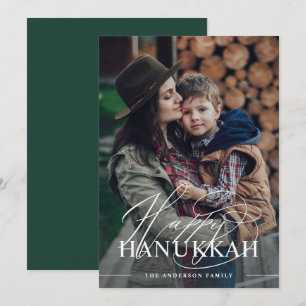 Cartão De Festividades Feliz Hanukkah   Foto de Letra Elegante Verde Escu