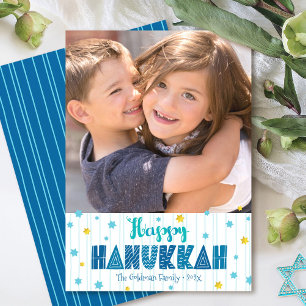 Cartão De Festividades Feliz Hanukkah Foto Dourado Azul Estrela Diversão