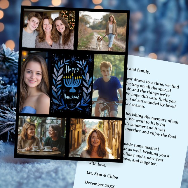 Cartão De Festividades FELIZ HANUKKAH, FOTO PERSONALIZADA 6 desenhada à m (HAPPY HANUKKAH Hand-Drawn CUSTOM 6 PHOTO Collage Double-Sided Holiday Card / Digital Download
)