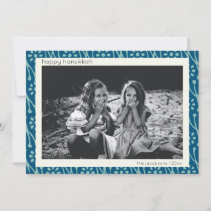 Cartão De Festividades Feliz Hanukkah Foto Personalizada Floral Boho Azul