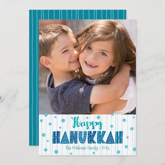 Cartão De Festividades Feliz Hanukkah Foto Turquoise Typografia Bold (Frente/Verso)