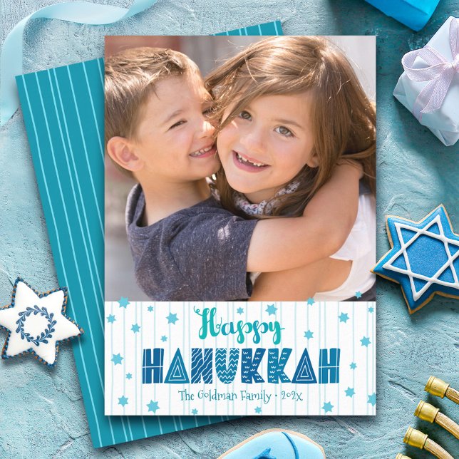 Cartão De Festividades Feliz Hanukkah Foto Turquoise Typografia Bold (Criador carregado)