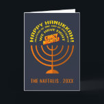 Cartão De Festividades Feliz Hanukkah Humor Personalizado<br><div class="desc">Adicione seu nome e ano a este cartão engraçado,  moderno e moderno de Chanucá que diz "Feliz Chanucá! Em vez de um dia de presentes,  temos oito noites loucas!"</div>