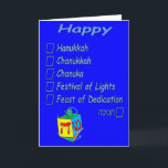 Cartão De Festividades Feliz Hanukkah... mas você soletra<br><div class="desc">Chanucá é soletrado de muitas maneiras diferentes,  mas seja como for que você soletra,  este cartão facilita. Diversão para abecedários e amantes de palavras no mundo todo.</div>