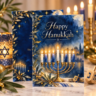 Cartão De Festividades Feliz Hanukkah Menorá Azul e Dourado Aquarela