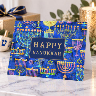 Cartão De Festividades Feliz Hanukkah Menorá Azul Ouro Estrela de Davi