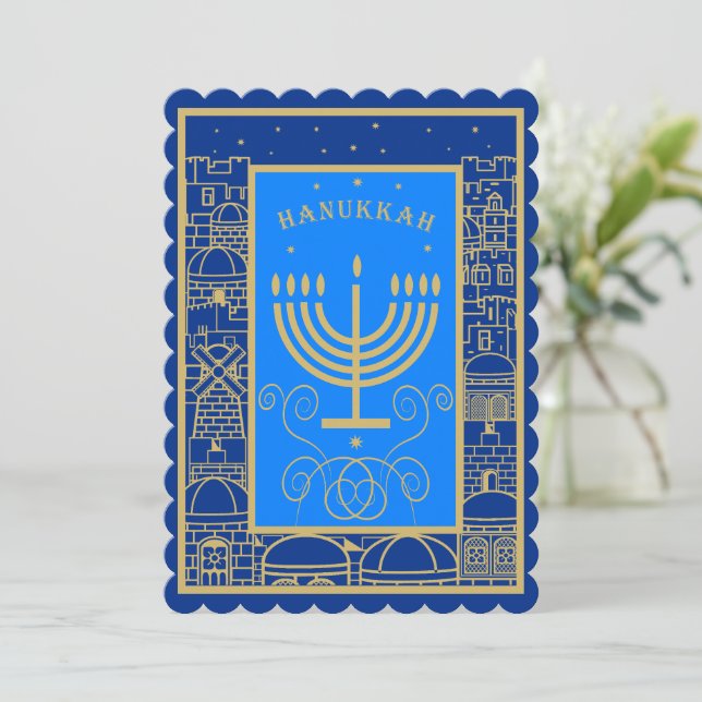 Cartão De Festividades Feliz Hanukkah Menorá de Ouro Feriado Judaico (Em pé/Frente)