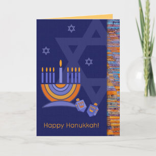 Cartão De Festividades Feliz Hanukkah. Menorah com Dreidels