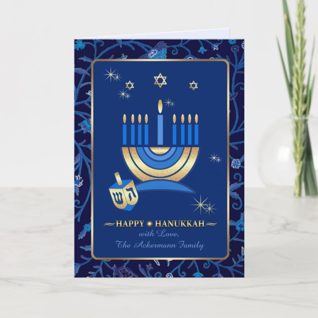 Cartão De Festividades Feliz Hanukkah. Menorah e Dreidel (Frente)