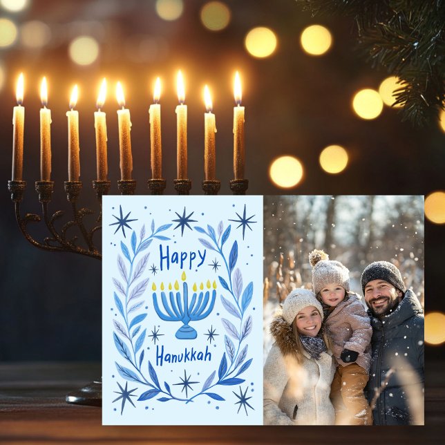 Cartão De Festividades Feliz Hanukkah Menorah Mão Desenhada FOTO PERSONAL (Happy Hanukkah Menorah Hand Drawn CUSTOM PHOTO Holiday Card
)