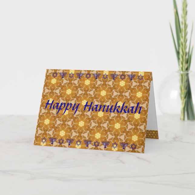 Cartão De Festividades Feliz Hanukkah (ou Chanukah) em Dourado e Azul (Frente)