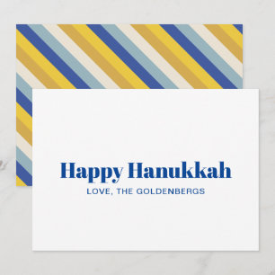 Cartão De Festividades Feliz Hanukkah, ouro azul, stripes modernas, perso