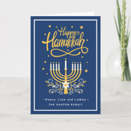 Cartão De Festividades Feliz Hanukkah Paz Amor Trava Azul Moderno