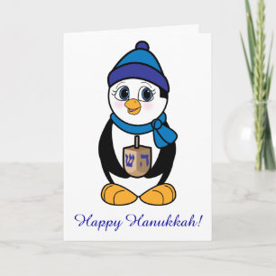 Cartão De Festividades Feliz Hanukkah Penguin e Dreidel