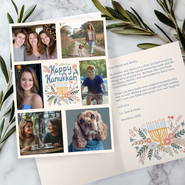 CARTÃO DE FESTIVIDADES FELIZ HANUKKAH PERSONALIZADA 6 FOTO DOBRADA (HAPPY HANUKKAH Hand-Drawn Floral CUSTOM 6 PHOTO Folded Holiday Card
)