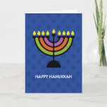 Cartão De Festividades Feliz Hanukkah Pop Art Menorah<br><div class="desc">Feliz Hanukkah Pop Art,  estilo menorah,  sobre um fundo azul com um passo e repete o padrão de David.</div>