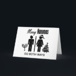 Cartão De Festividades Feliz Hanumas<br><div class="desc">Perfeito para aquele casal que é judeu e cristão celebrando Chanucá e Natal.  Usa o famoso sinal do banheiro mostrando figuras de palitos de um homem e de uma mulher com ícones decididamente específicos para o feriado</div>
