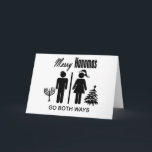 Cartão De Festividades Feliz Hanumas<br><div class="desc">Perfeito para aquele casal que é judeu e cristão celebrando Chanucá e Natal. Usa o famoso sinal do banheiro mostrando figuras de palitos de um homem e de uma mulher com ícones decididamente específicos para o feriado</div>