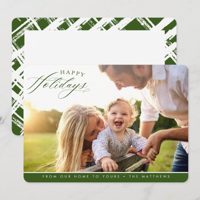 Cartão De Festividades FELIZ HOLIDAYS FOTO elegante caligrafia verde (Frente/Verso)