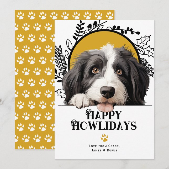 Cartão De Festividades Feliz Howlidays Beared Collie Dog Natal (Frente/Verso)