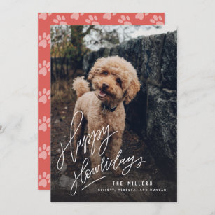 Cartão De Festividades Feliz Howlidays com a letra da mão   Foto Pet Dog