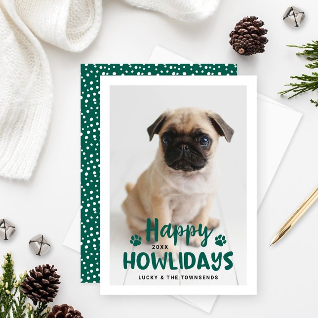 Cartão De Festividades Feliz Howlidays Foto de Cachorro Verde (Criador carregado)