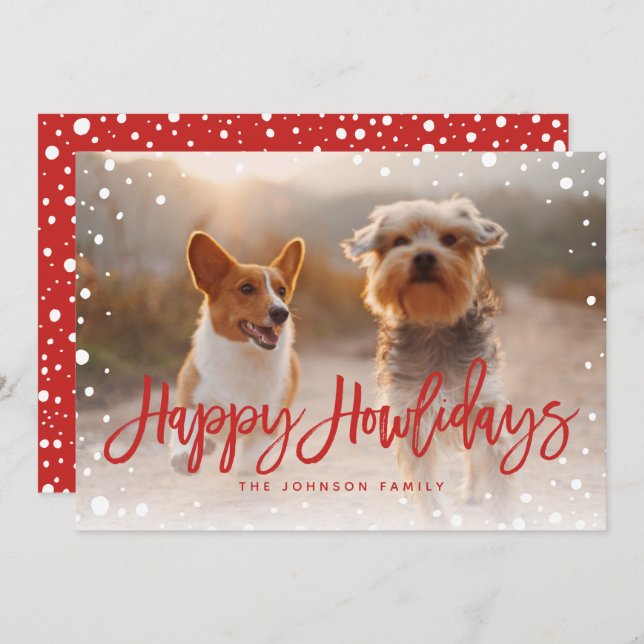 Cartão De Festividades Feliz Howlidays Snow Red | Pet Christmas Photo (Frente/Verso)