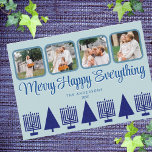 Cartão De Festividades Feliz Interreligioso Menorah Árvore 4 Foto<br><div class="desc">Personalize esses 4 cartões de natal de colagem de fotos em um simples marinho azul e Feliz azul pastel Happy All intertrust design. Uma elegante fonte estilizada de script em azul profundo com uma ligeira sombra em branco adiciona interesse e a fileira de cinco Menorás azuis marinho e quatro árvores...</div>
