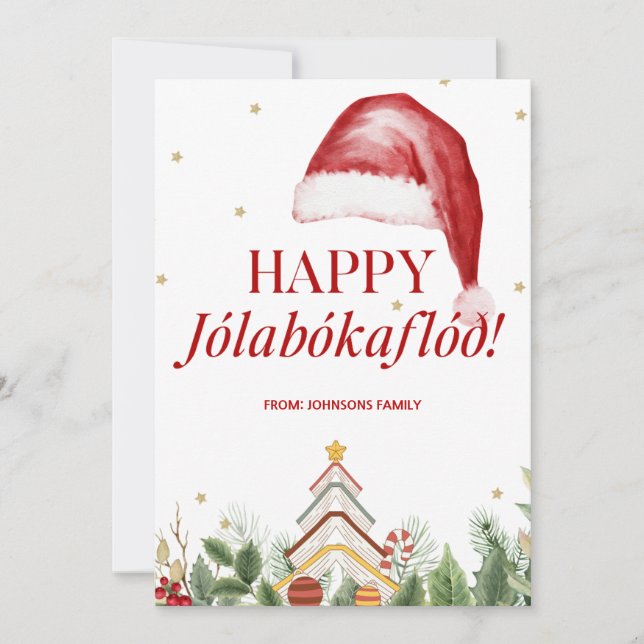 Cartão De Festividades Feliz Jolabokaflod Livro Islandês — Natal bonito (Frente)