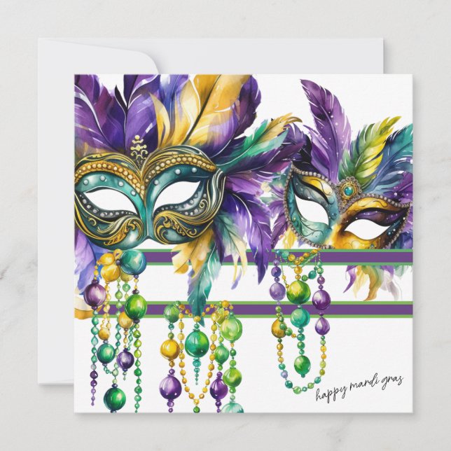 Cartão De Festividades Feliz Mardi Gras em Dourado, Roxo e Verde (Frente)