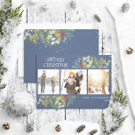 Cartão De Festividades Feliz Marinho de Natal Foto Botânica Dourada Azul<br><div class="desc">Procurando um cartão de feriado único que realmente se destacará? Conheça nosso feliz Marinho de Natal Blue Dourado Cartão de Férias Botânicas de inverno verde! Este belo cartão apresenta três das suas fotos favoritas, rodeadas por motivos festivos vermelhos e verdes de inverno sobre fundo azul-marinho. A tipografia moderna completa a...</div>