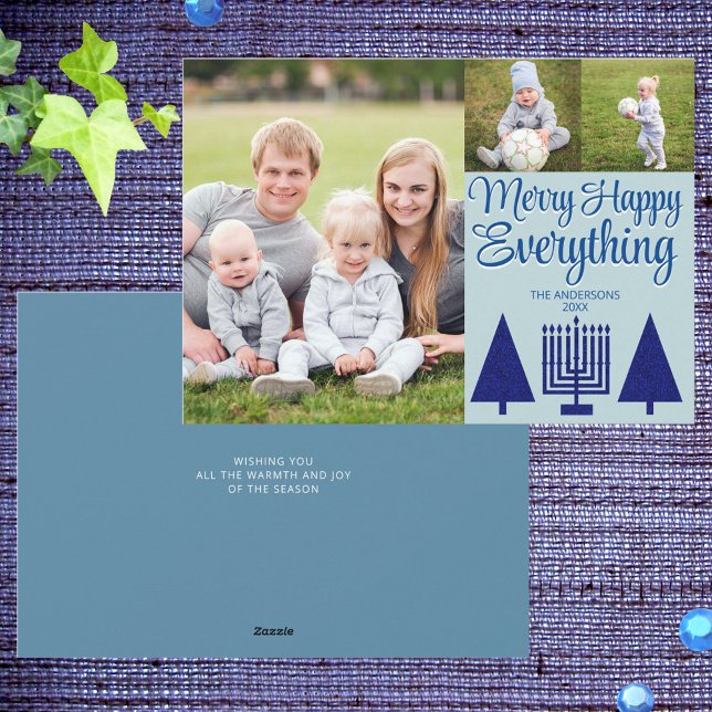 Cartão De Festividades Feliz Marinho Interreligioso Árvore Menorah Cute 3 (Add your photos to these cute Merry Happy Everything holiday cards)