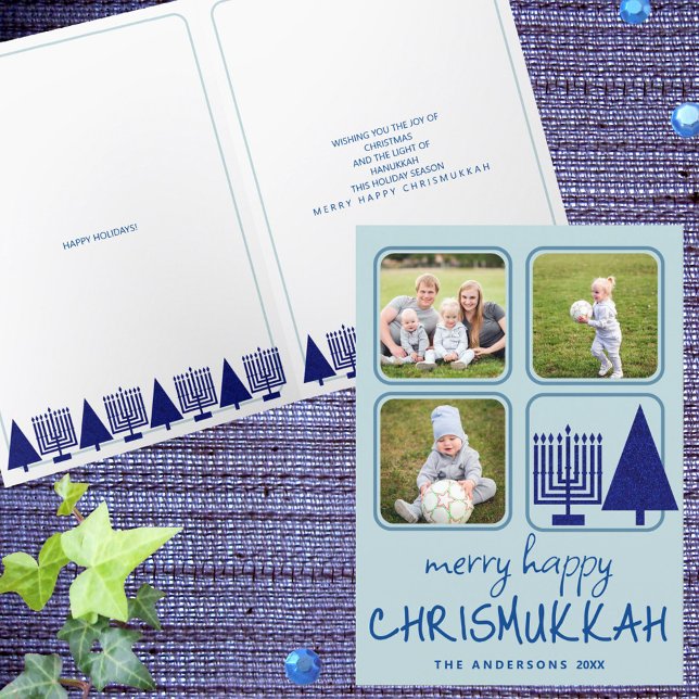 Cartão De Festividades Feliz Marinho Interreligioso Escrita Manual 3 Foto (Folded interfaith holiday cards with your photos and custom text are easy to personalize)