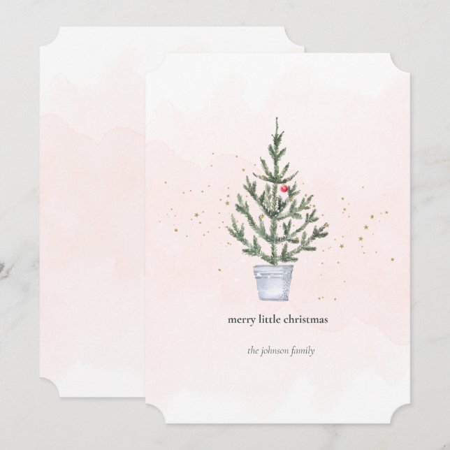 Cartão De Festividades Feliz Mínima Pequena Árvore de Natal Aquarela (Frente/Verso)