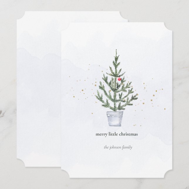 Cartão De Festividades Feliz Mínima Pequena Árvore de Natal Aquarela (Frente/Verso)
