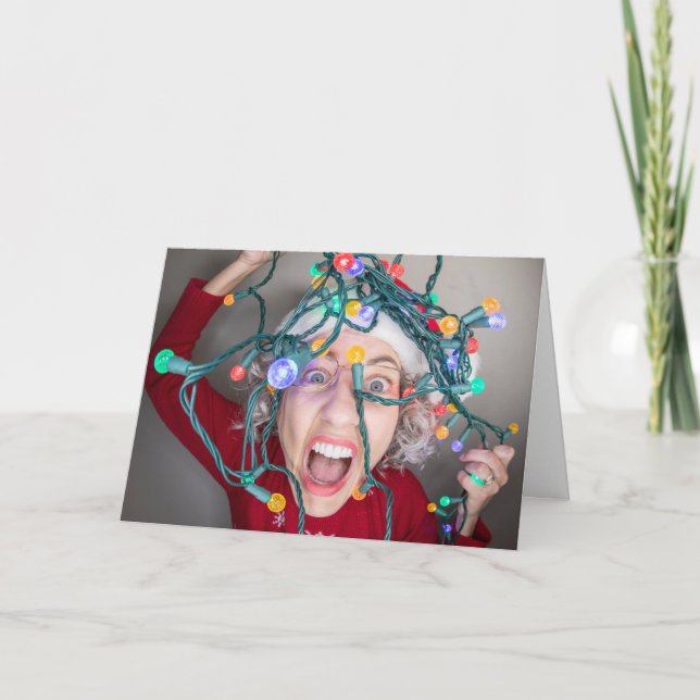 Cartão De Festividades Feliz Mulher De Natal Com Luzes Tangidas (Frente)