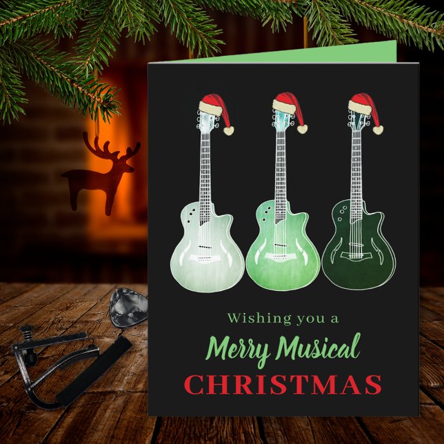Cartão De Festividades Feliz Musical Rock and Roll Christmas Guitar (Rock and roll Christmas guitar custom holiday greetings folded card for guitarist musician teacher)