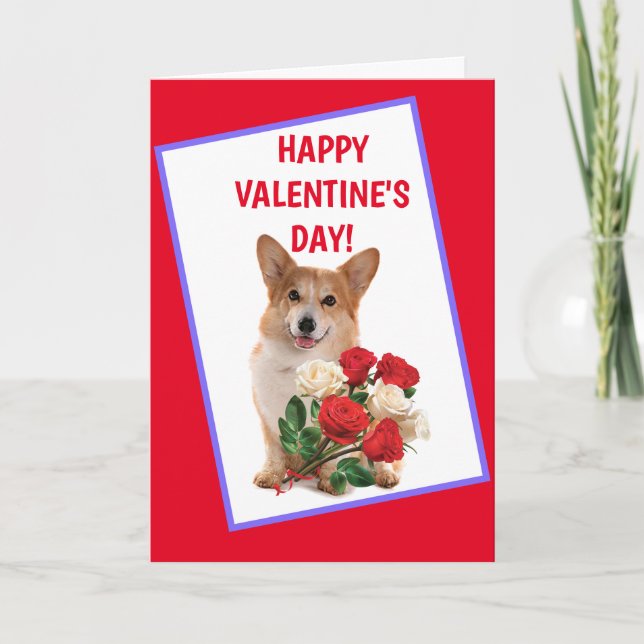 Cartão De Festividades Feliz Namorados Corgi E Rosas (Frente)