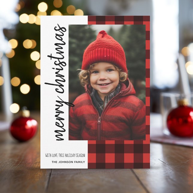 Cartão De Festividades Feliz Natal 1 Foto Red Black Buffalo Xadrez (Buffalo Plaid Pattern Christmas Card with One Photo)