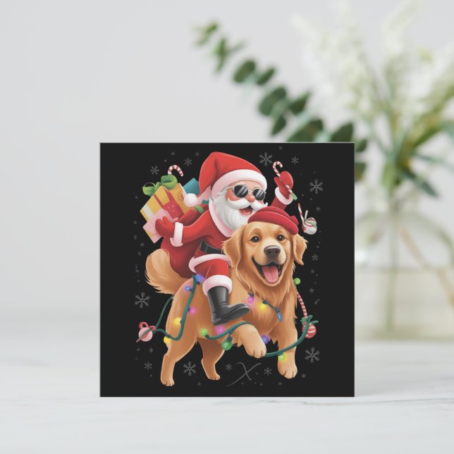 Cartão De Festividades Feliz Natal 2025 Papai Noel Montando Golden Retrie (Em pé/Frente)