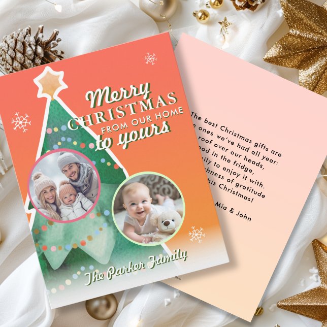 Cartão De Festividades Feliz Natal! 2 Foto, árvore de Natal (Merry Christmas! 2 Photo, Orange-Green, Colorful Holiday Card, For Lovely Christmas Vibes.)