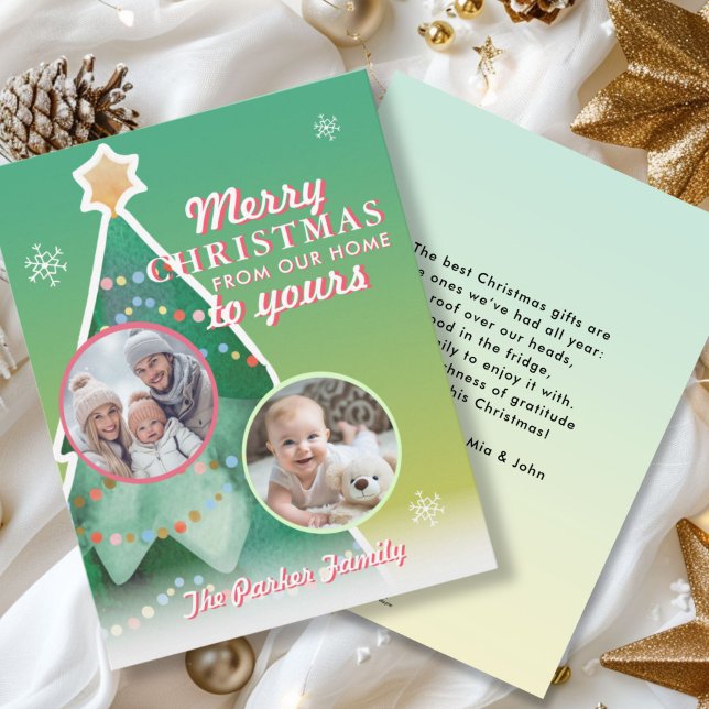Cartão De Festividades Feliz Natal! 2 Foto, árvore de Natal (Merry Christmas! 2 Photo, Green-Yellow-Red, Colorful Holiday Card, For Lovely Christmas Vibes.)