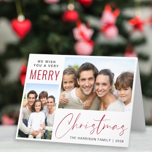 Cartão De Festividades Feliz Natal 2 Foto - Script Vermelho (This holiday season, let your family's smiles and heartwarming memories shine on our 2 photo card)