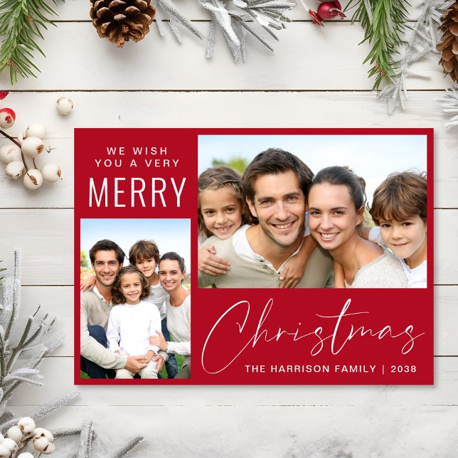 Cartão De Festividades Feliz Natal 2 Foto - Script Vermelho (This holiday season, let your family's smiles and heartwarming memories shine on our 2 photo card)