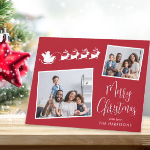 Cartão De Festividades Feliz Natal 2 Fotos Trenó do Papai Noel Vermelho