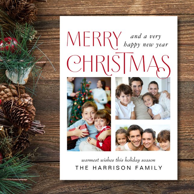 Cartão De Festividades Feliz Natal 3 Foto (This holiday season, let your family's smiles and heartwarming memories shine on our 3 photo card)