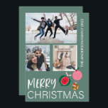 Cartão De Festividades Feliz Natal 3 Foto Collage Green<br><div class="desc">Cartão de Cartões de natal simples e moderno. O texto feliz de Natal está em branco,  com 3 fotos e baubles bonitos de Natal. Personalize com suas informações exclusivas.</div>