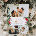 Cartão De Festividades Feliz Natal 3 Foto de inverno Verde Botânico<br><div class="desc">Esta coleção apresenta florais vermelhos de aquarela,  bagas e verde de inverno com tipografia moderna e elegante,  com padrão botânico de inverno.</div>