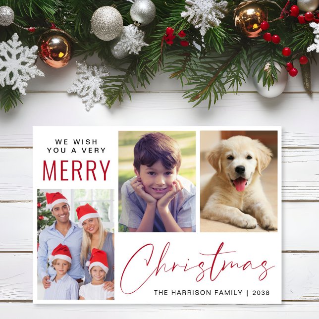 Cartão De Festividades Feliz Natal 3 Foto - Script Vermelho (This holiday season, let your family's smiles and heartwarming memories shine on our 3 photo card)